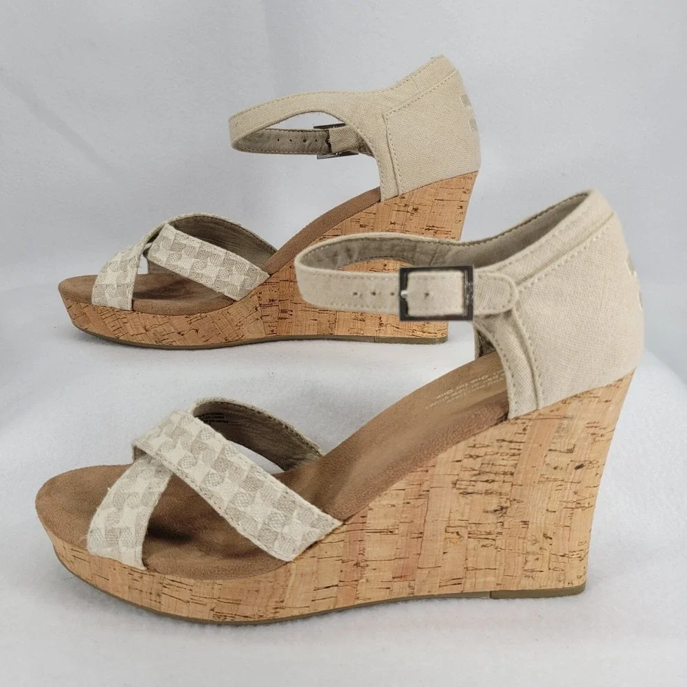Toms Women Sz 9.5 Natural Woven Cork Platform Wedge Sandal Open Toe Strappy Shoe